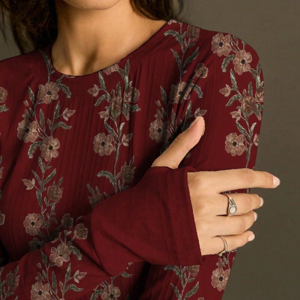 Burgundy Casual Women's Soft Floral Long Sleeve T-Shirt - Picture 3 of 6